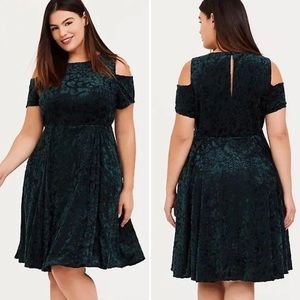 Torrid Green Velvet Burnout Cold Shoulder Skater Dress leopard